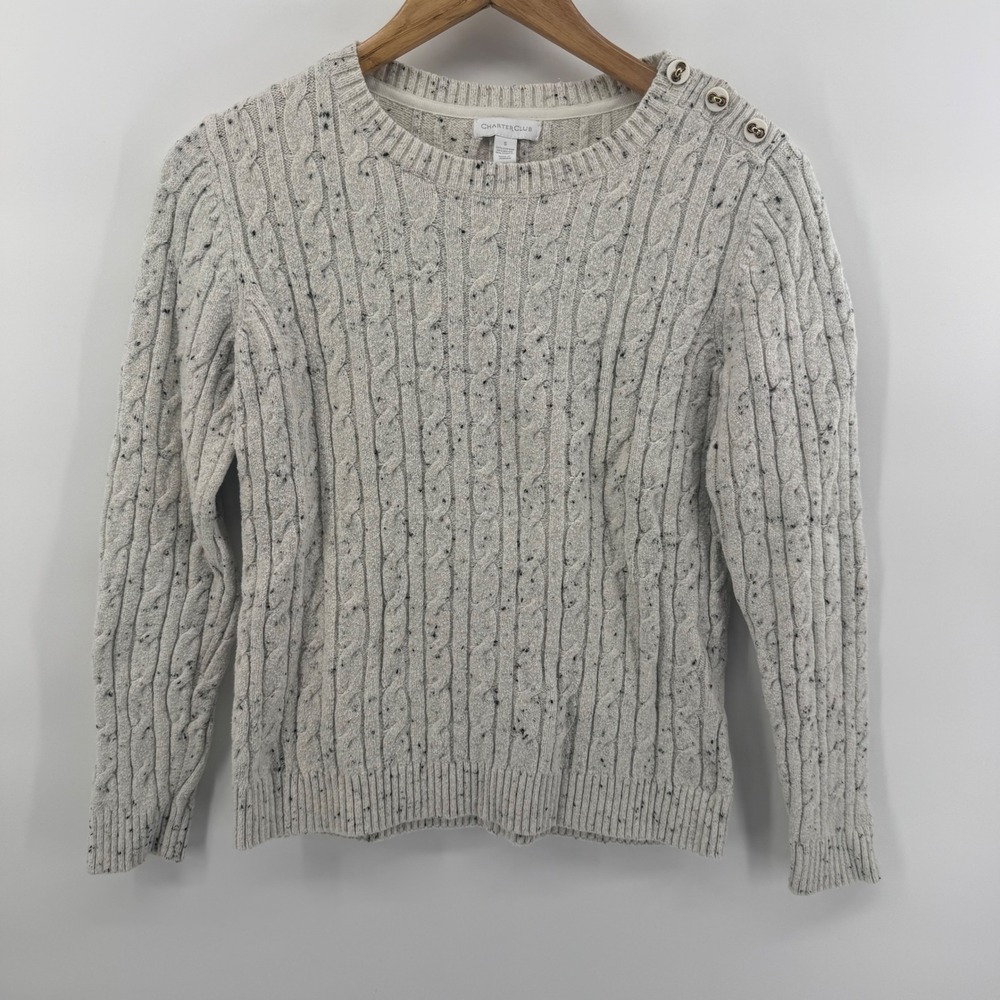 Charter Club Womens Gray Cable Knit Button Shoulder Sweater Speckled Size Small